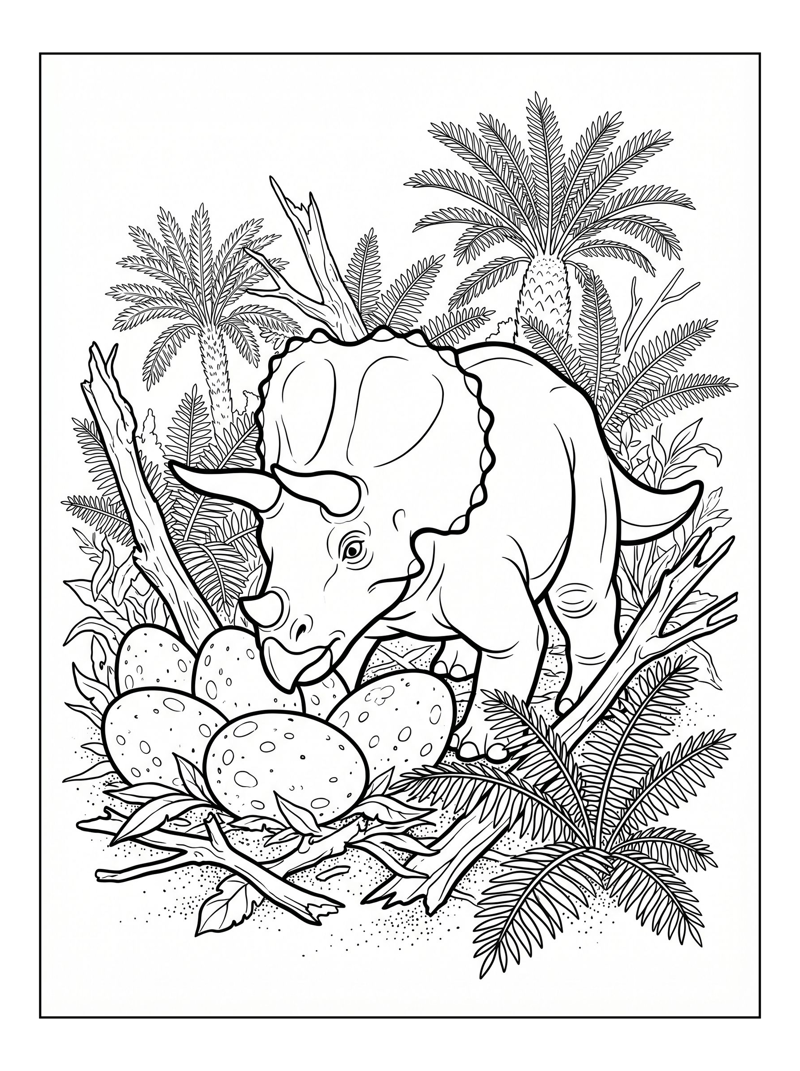 Triceratops Guarding Dinosaur Nest Eggs