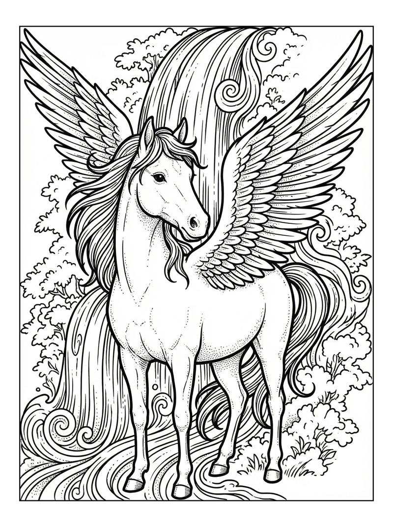 Pegasus Stands Tall By Waterfall