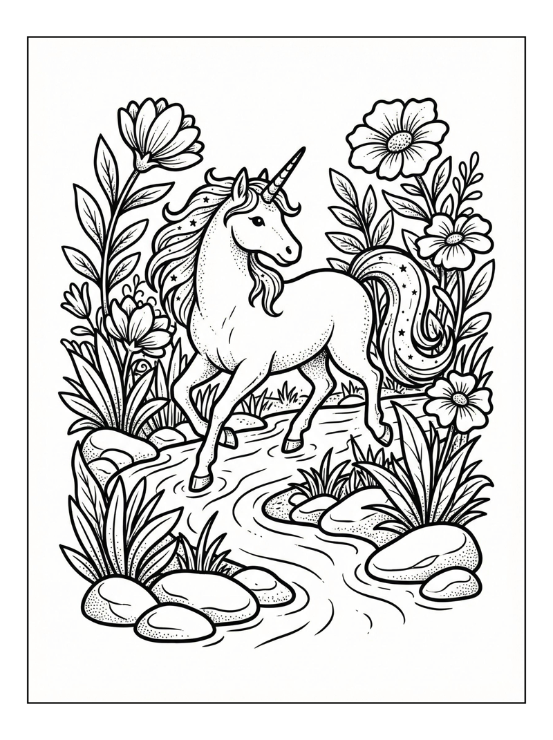 Unicorn Prancing Through River With Flowers