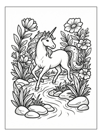 Unicorn Prancing Through River With Flowers