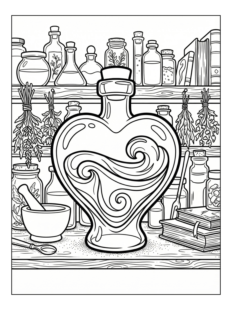 Heart Potion Swirling On Alchemist Shelf