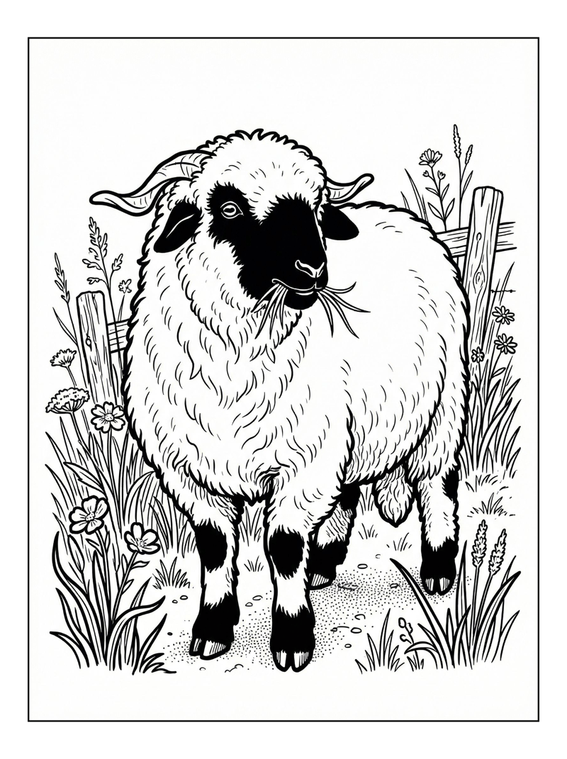 Valais Blacknose Sheep Chewing In Pasture