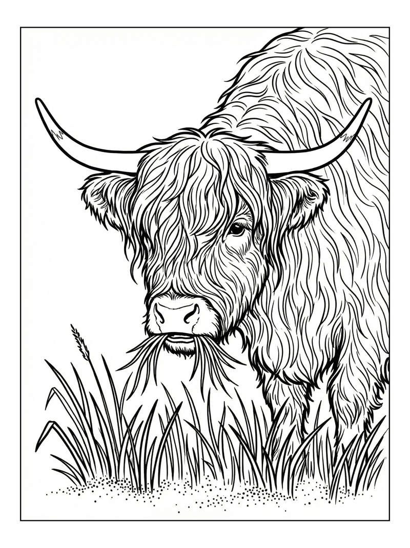 Highland Cow Chewing In Grass Pasture