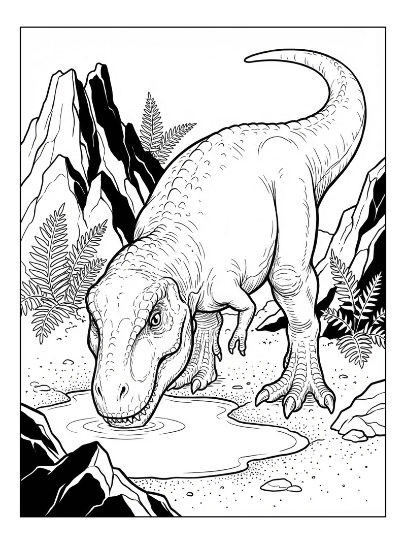 Baby Tyrannosaurus Drinking Volcanic Landscape