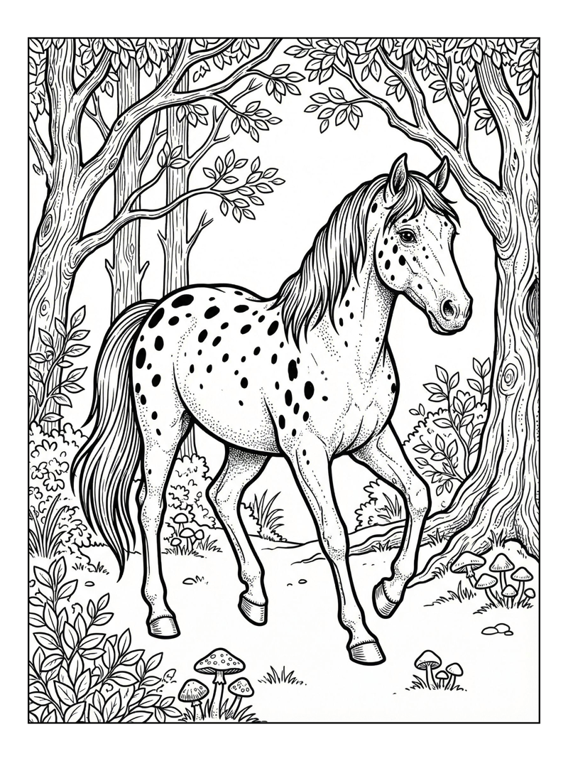 Appaloosa Horse Walks Through Forest