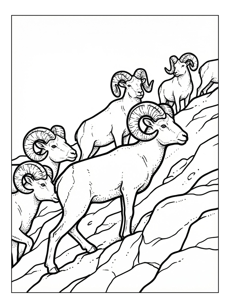 Bighorn Sheep Climbing Rocky Hillside