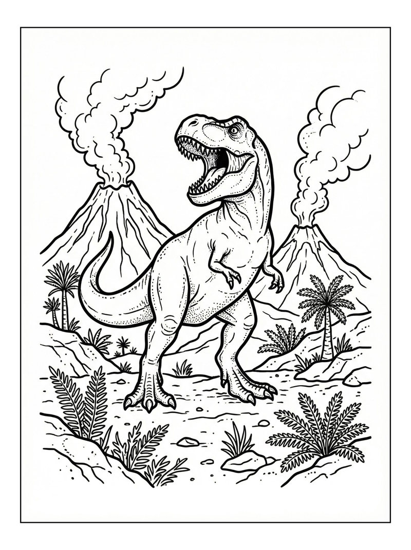 Tyrannosaurus Rex Roaring Between Volcanoes