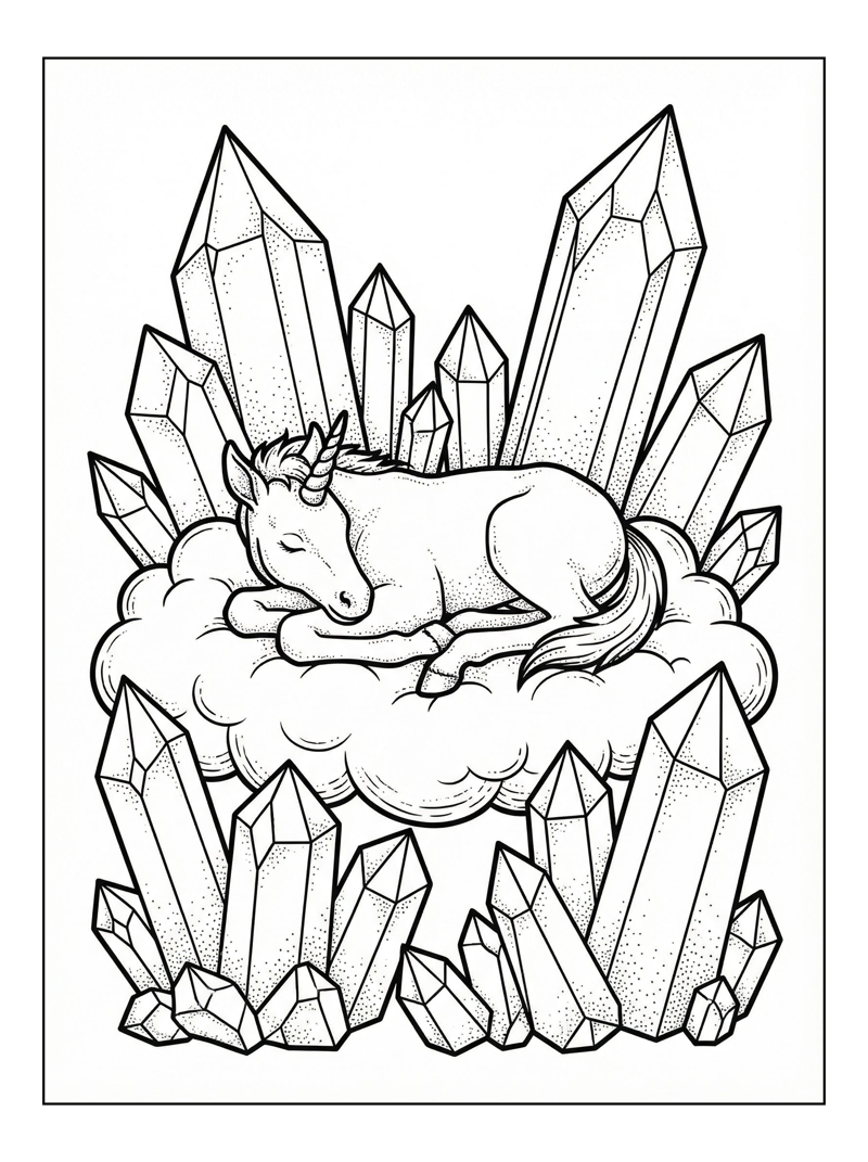 Unicorn Foal Sleeping On Cloud With Crystals