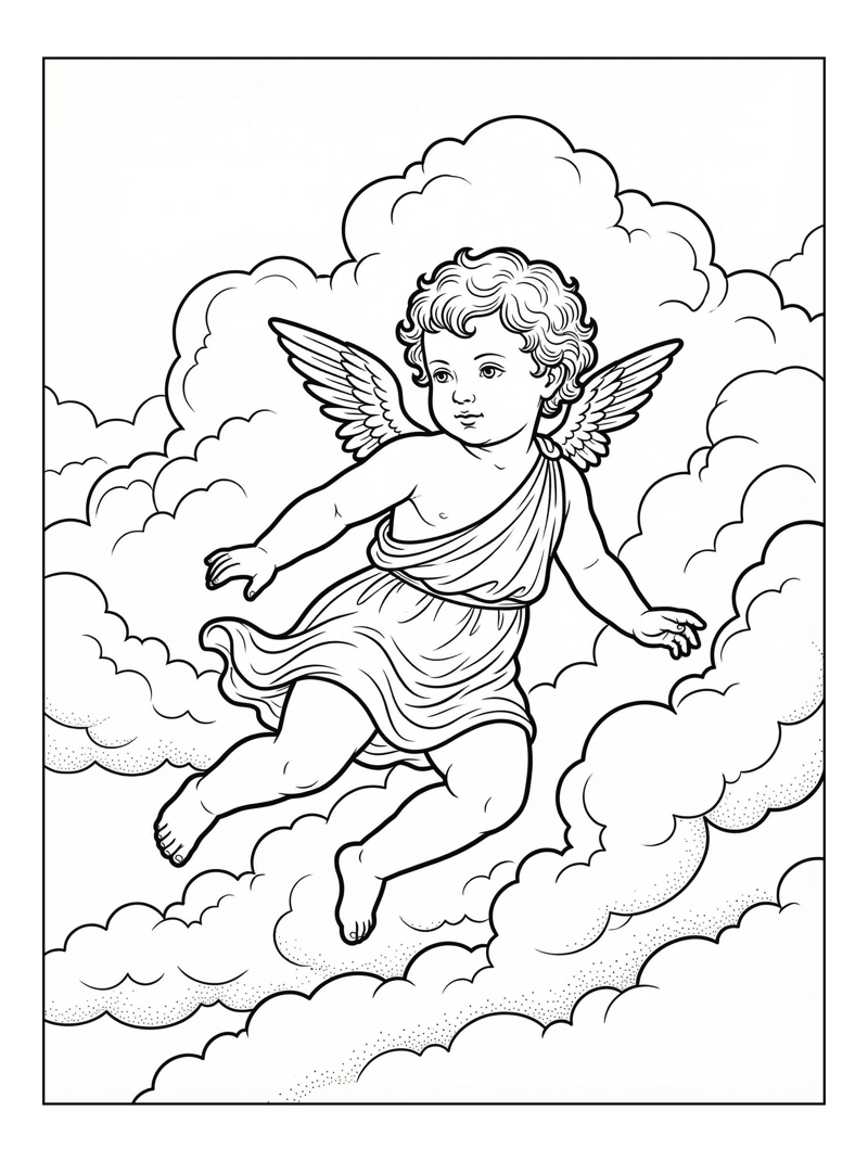 Coloring page of Baby Cupid Flying In Fluffy Clouds