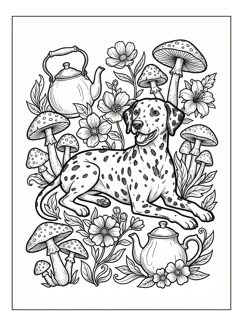 Dalmatian Dog Lying With Teapots Mushrooms