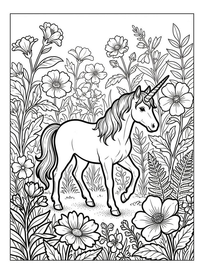 Unicorn Walking In Flower Garden