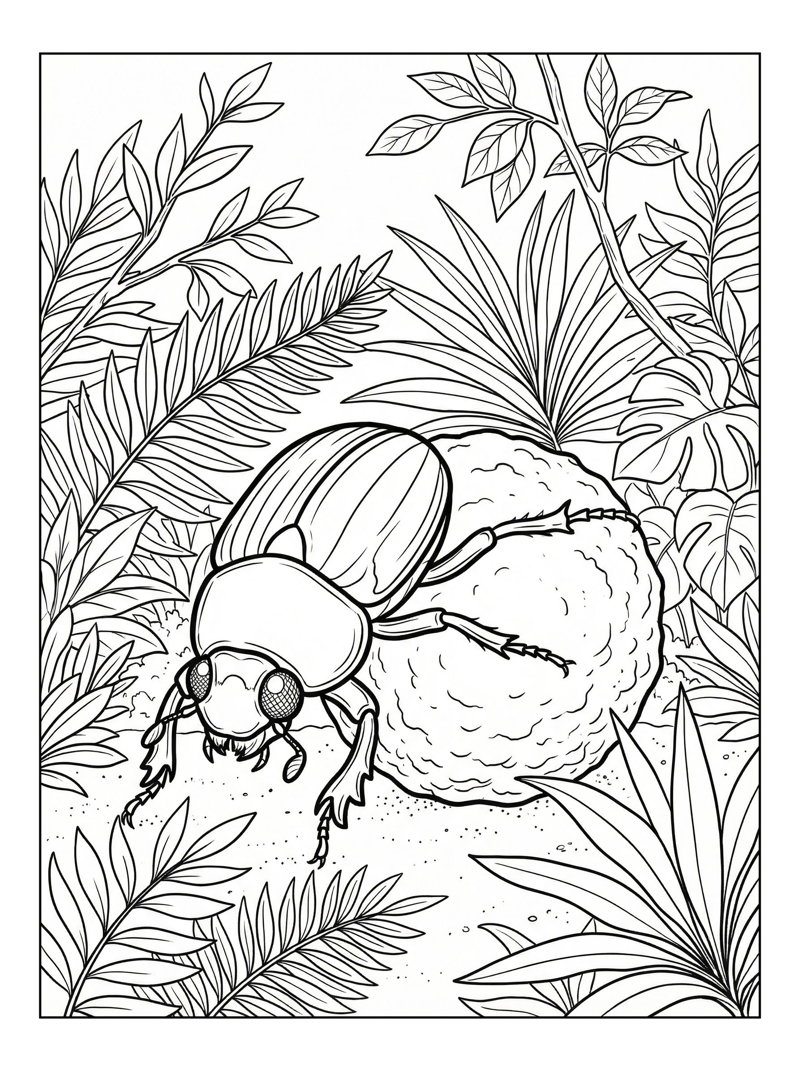 Scarab Beetle Rolling Tropical Foliage