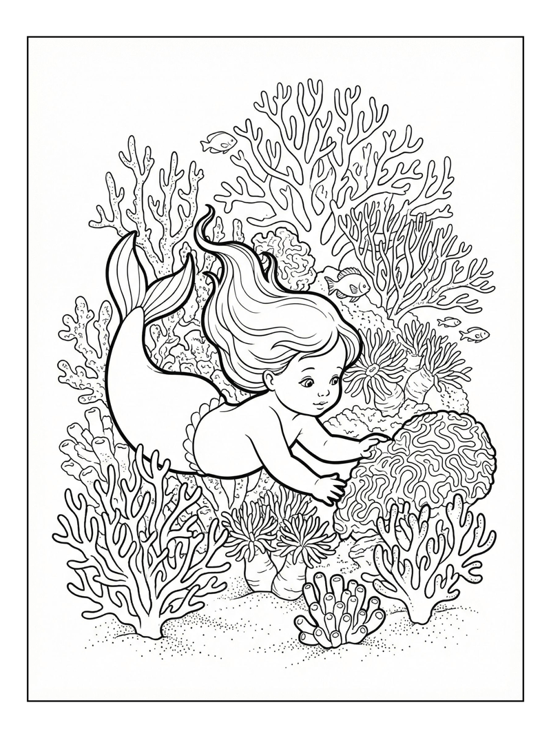 Baby Mermaid Exploring Coral Reef