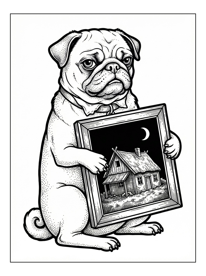 Coloring page of Pug Holding House Painting Moonlight