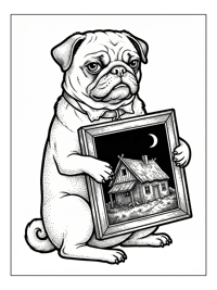Pug Holding House Painting Moonlight