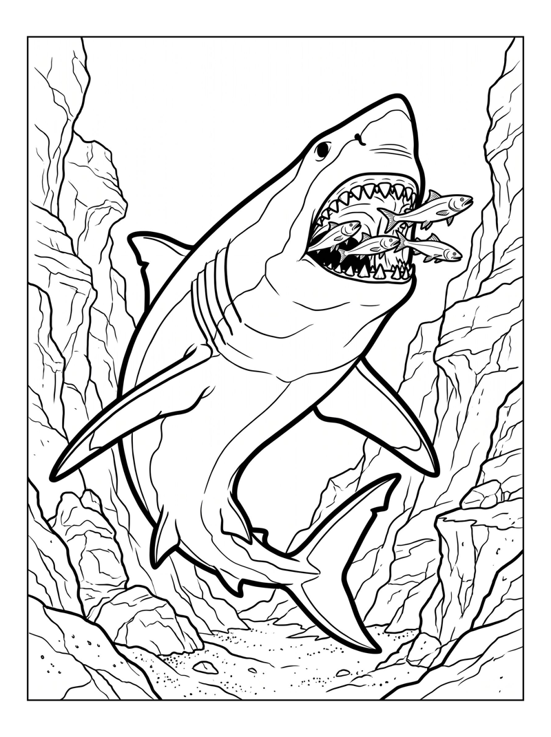 Coloring page of Megalodon Feeding Deep Ocean Trench