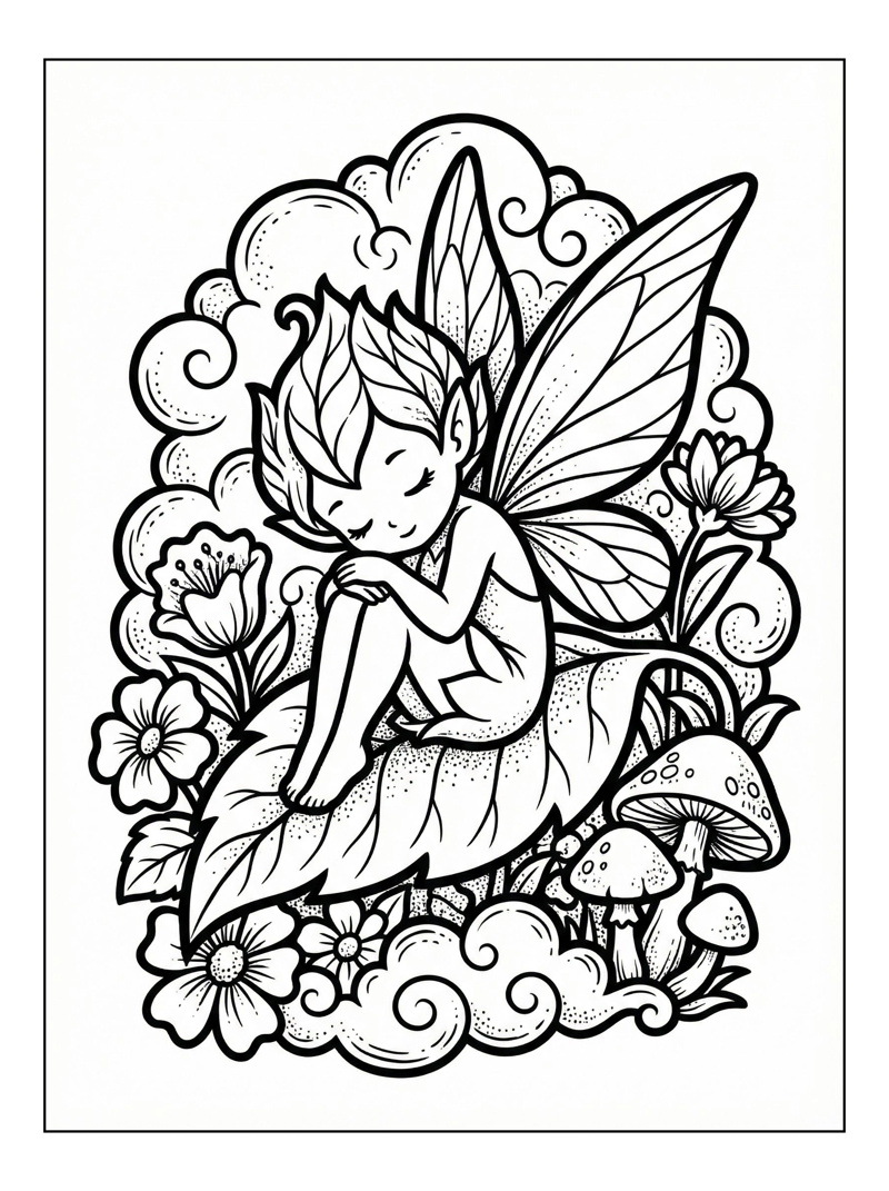 Fairy Rests On Leaf With Flowers