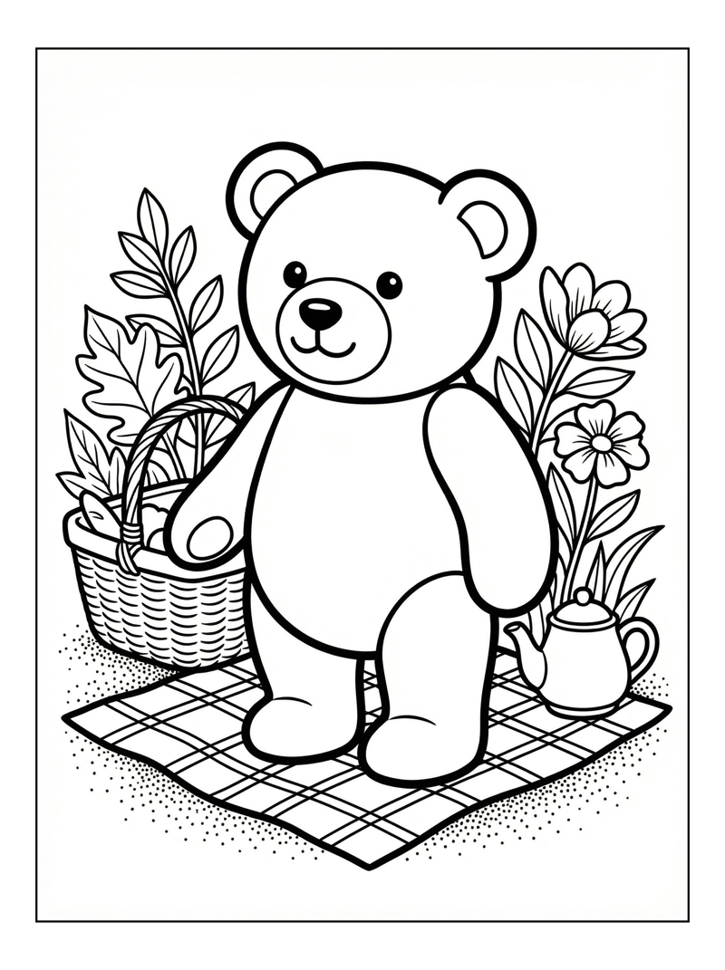 Coloring page of Baby Teddy Bear Standing At Picnic Site