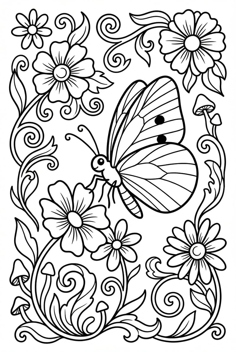 Butterfly On A Flower With Mushrooms And Vines