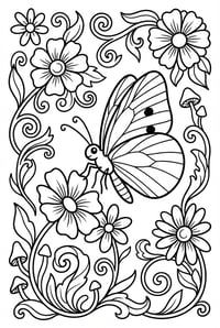 Butterfly On A Flower With Mushrooms And Vines