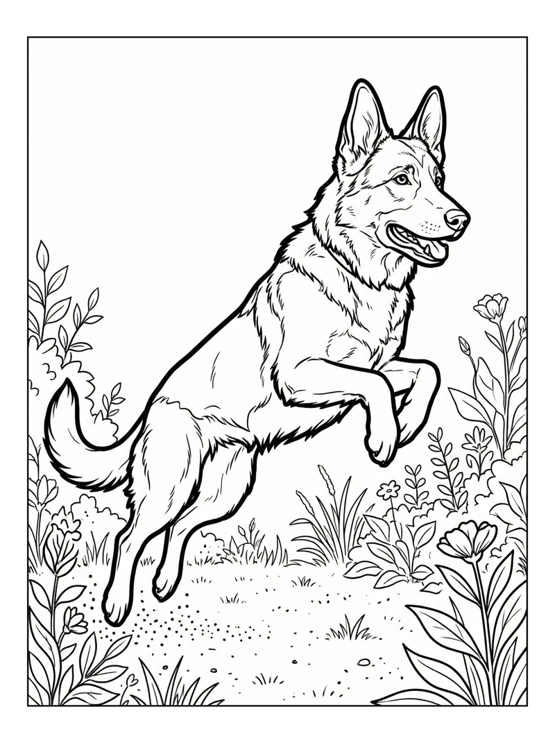 German Shepherd Dog Jumping In Garden