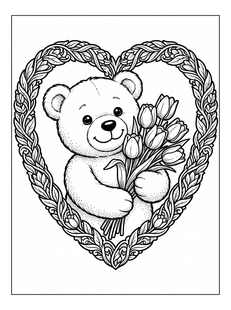 Teddy Bear Holds Tulips Heart Frame