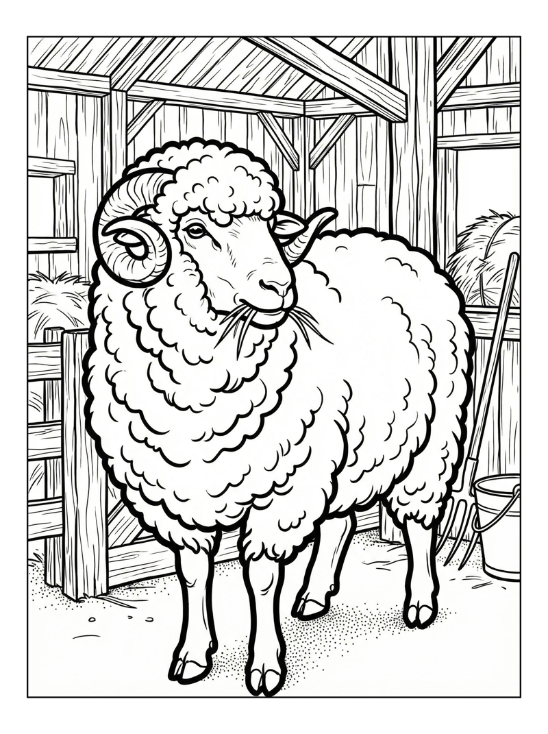 Merino Sheep Chewing In Wooden Barn