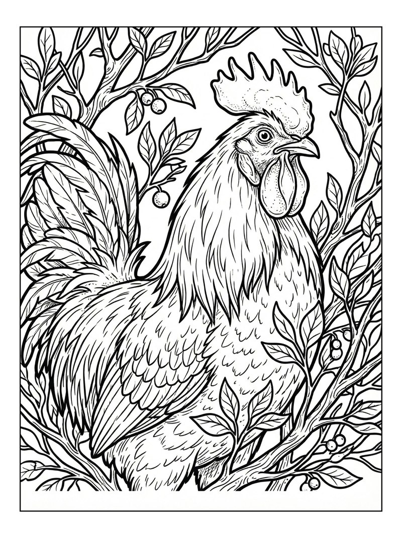Proud Rooster Among Berry Branches