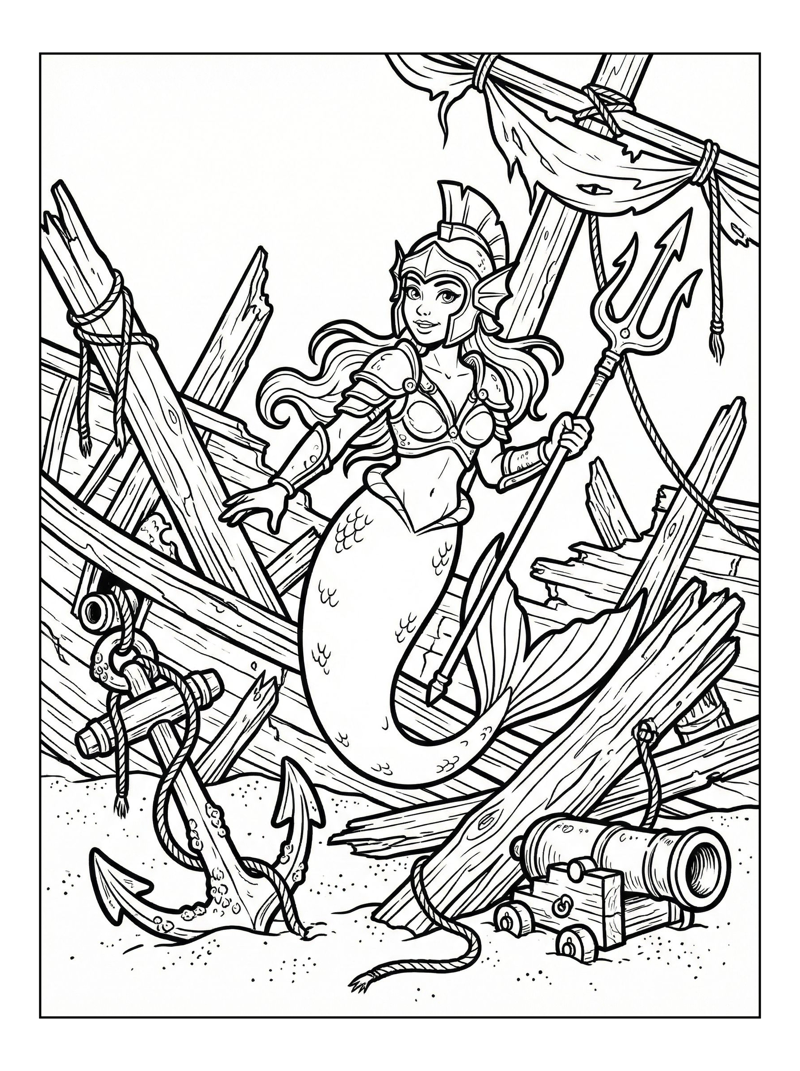 Mermaid Warrior Holding Trident Shipwreck