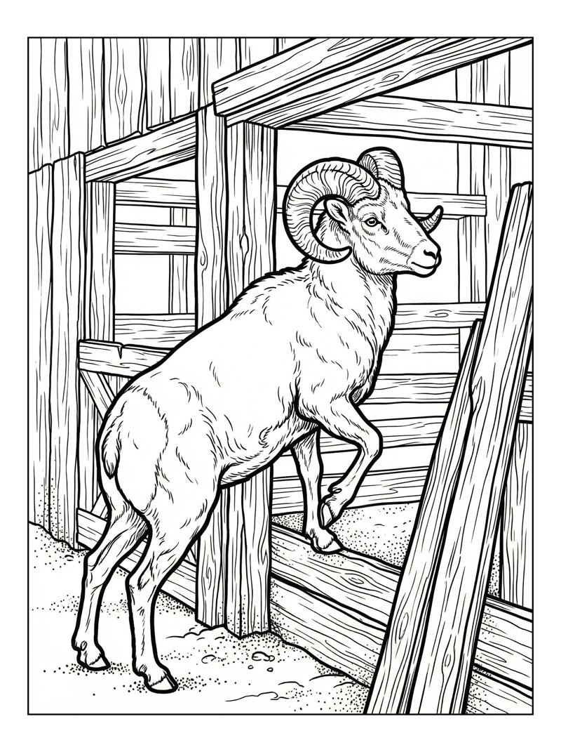 Bighorn Sheep Climbing By Wooden Barn