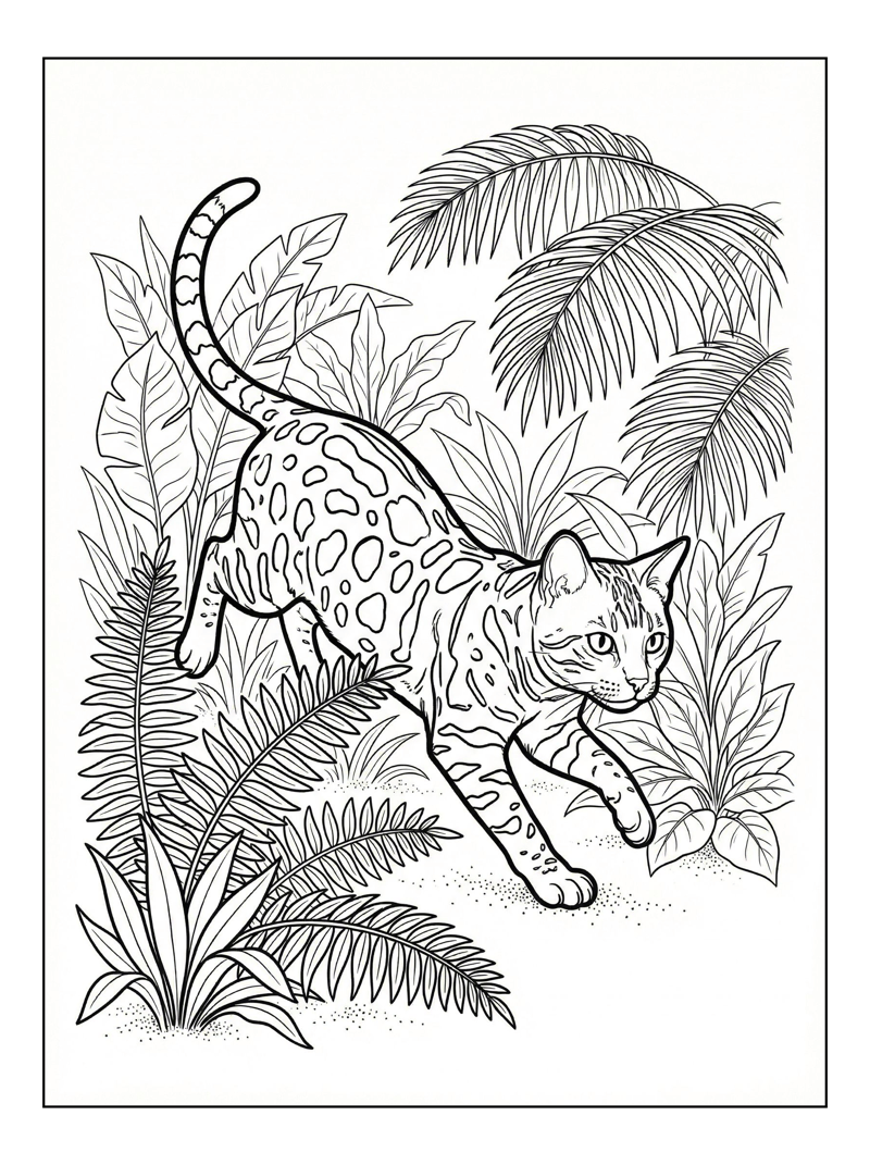Bengal Cat Playing In Tropical Jungle