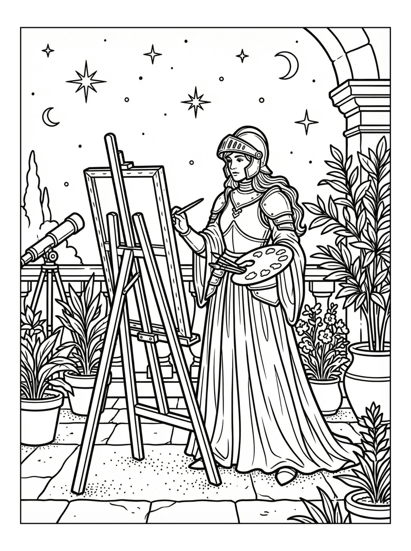 Brave Knight Princess Painting Starlit Terrace