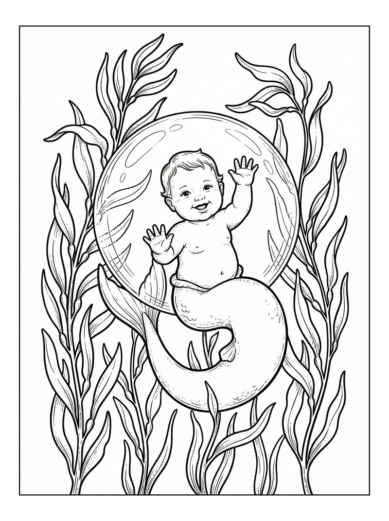 Baby Mermaid Waving With Bubble And Kelp
