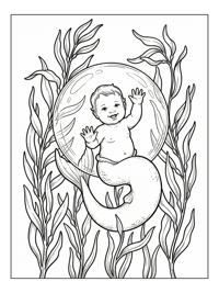 Baby Mermaid Waving With Bubble And Kelp