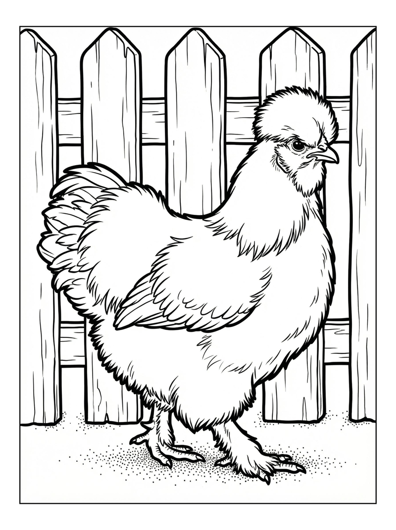 Silkie Chicken Walking By Picket Fence