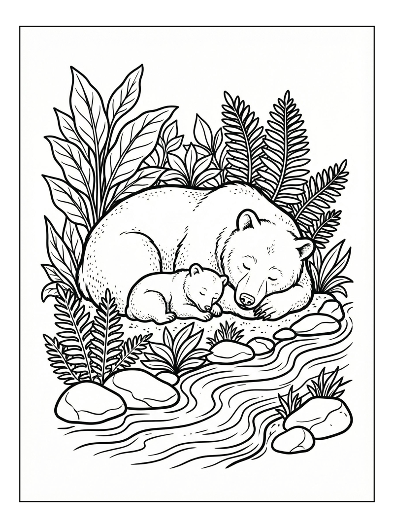Mother Bear Cub Sleeping By River