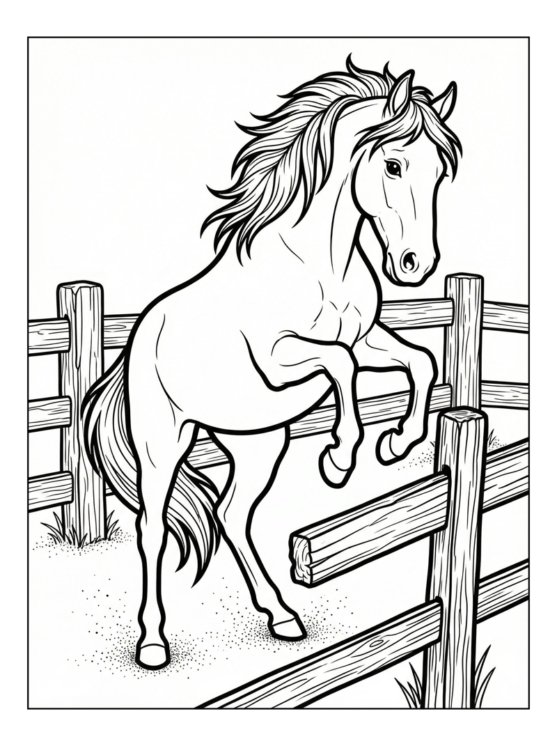 Farm Horse Bucking Wooden Fence