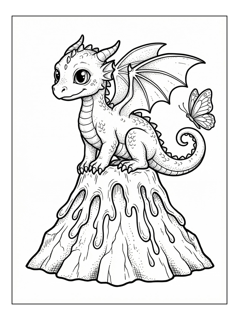 Baby Dragon Sits On Volcano With Butterfly