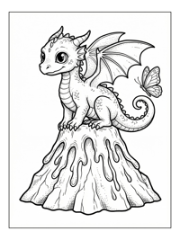 Baby Dragon Sits On Volcano With Butterfly