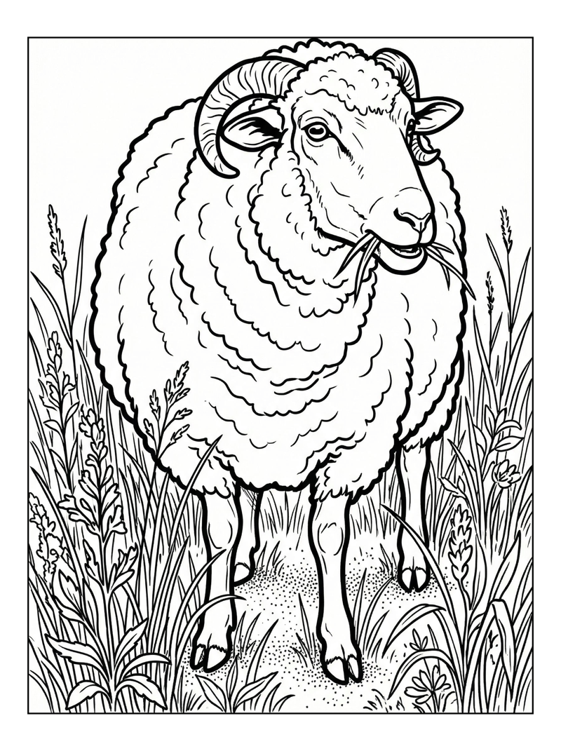 Suffolk Sheep Chewing In Grassy Meadow
