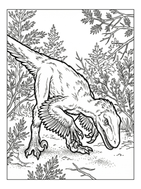 Velociraptor Foraging In Conifer Forest