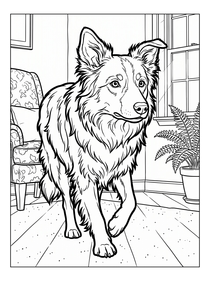 Coloring page of Border Collie Walking In Living Room