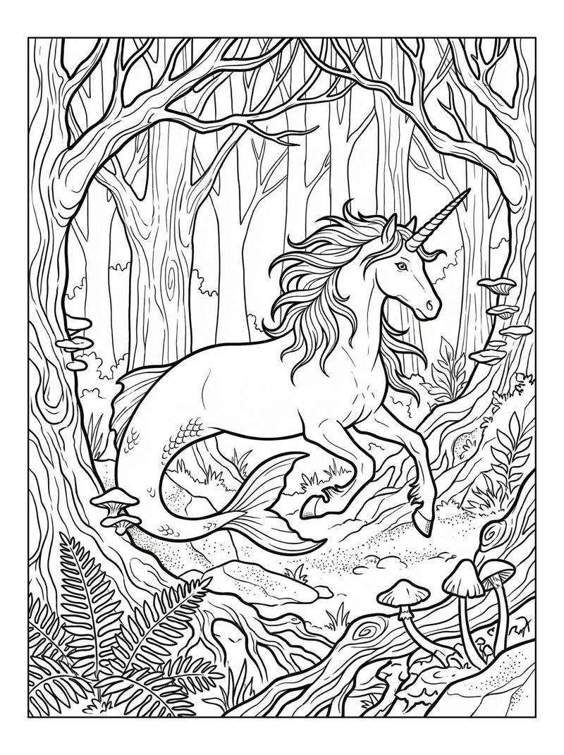 Sea Unicorn Galloping Through Forest