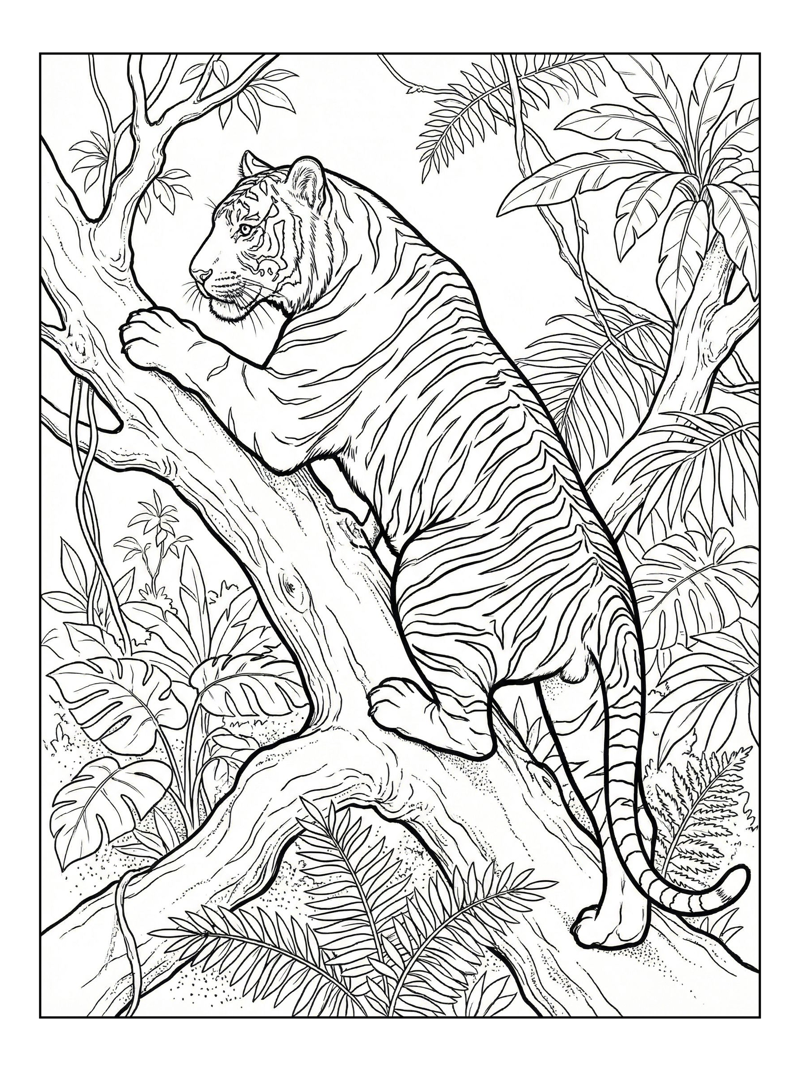 Indochinese Tiger Climbing Rainforest Tree