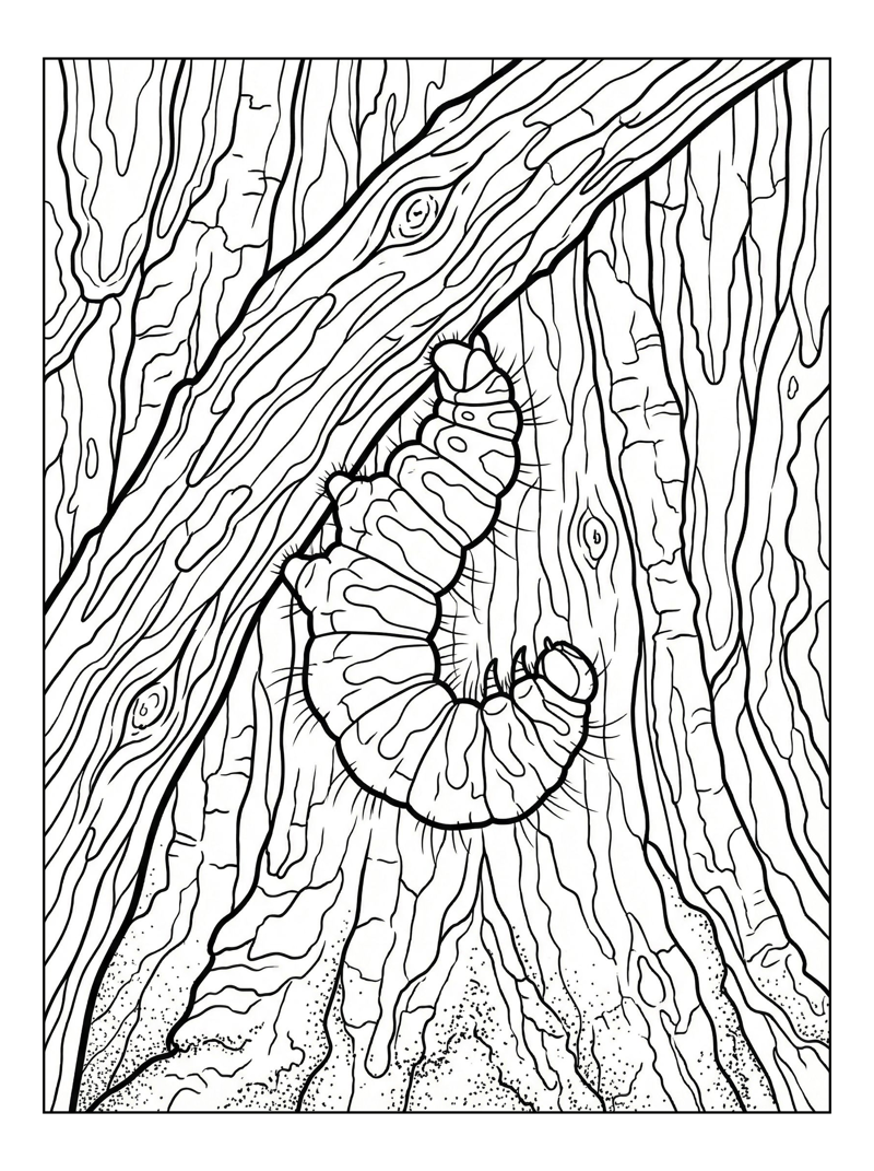 Cabbage White Caterpillar Hanging On Tree Bark