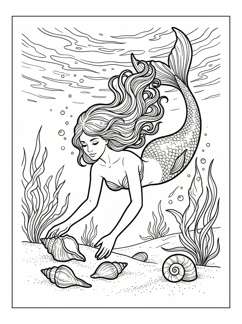 Mermaid Princess Collecting Shells Underwater