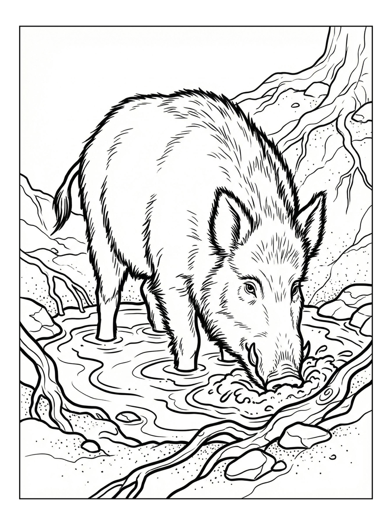 Wild Boar Rooting In Mud Puddle