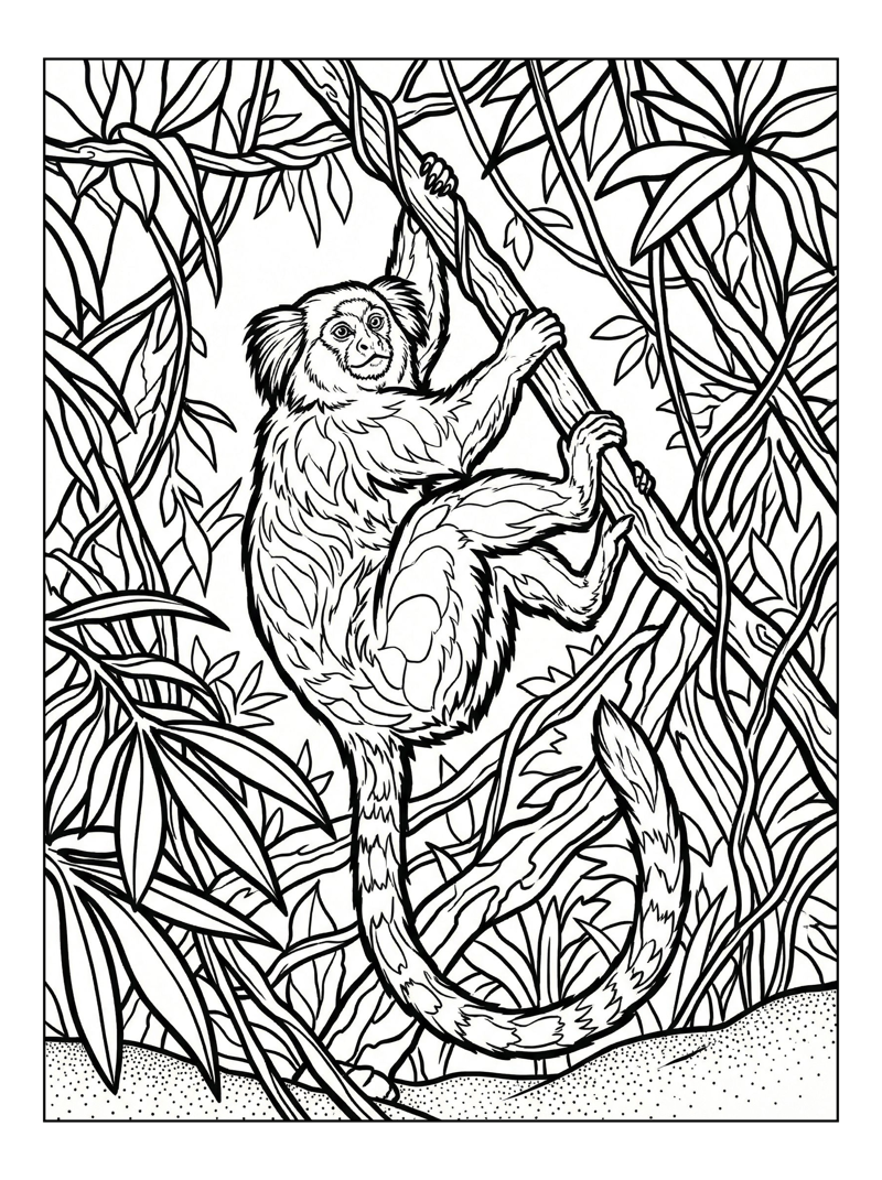 Marmoset Hanging From Vine In Jungle