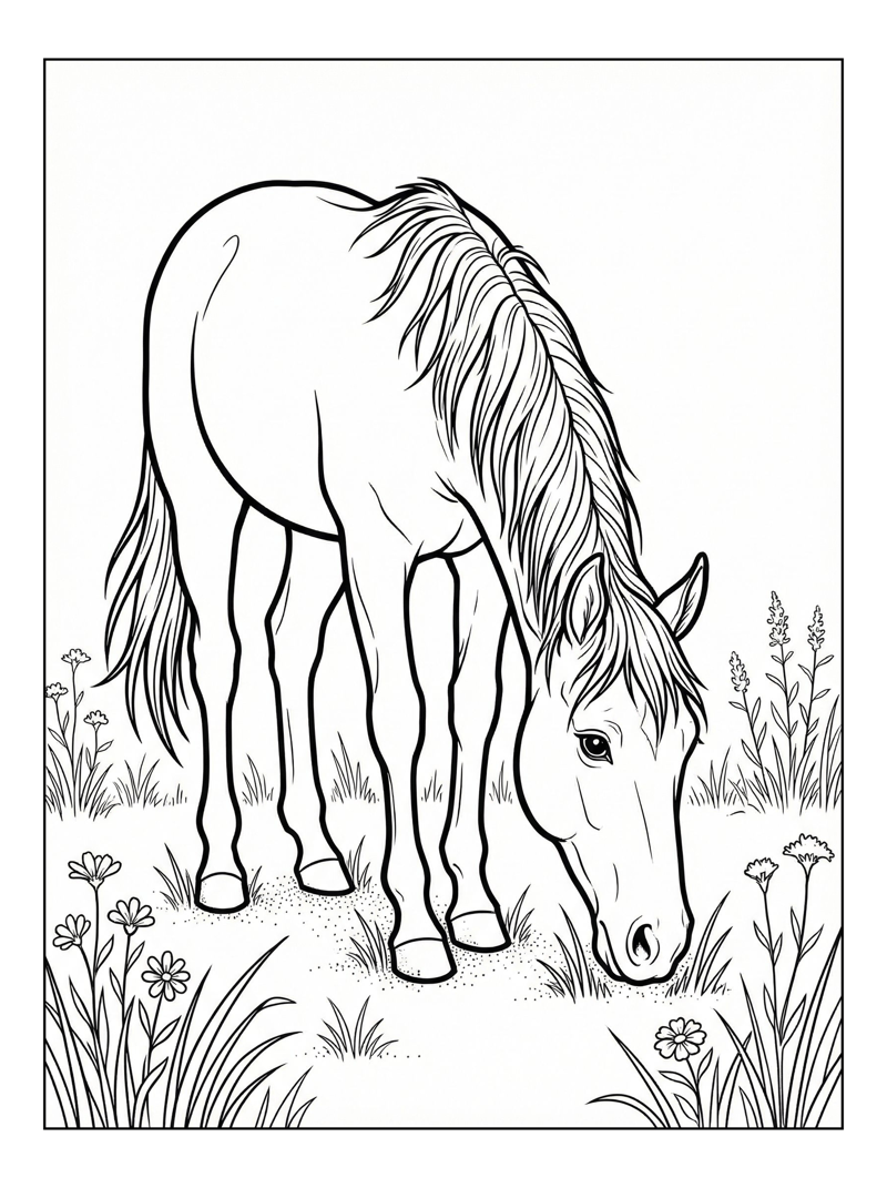 Yearling Horse Grazing Among Prairie Flowers