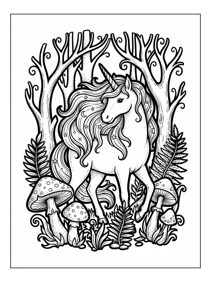 Unicorn Standing In Enchanted Forest